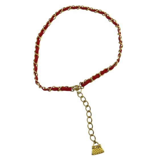 Vintage Unbranded Red Leather & Gold Tone Chain Belt W/ medallion Size 26\